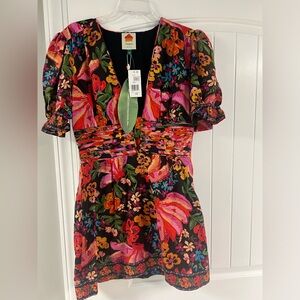 FARM Rio Red and Pink Sheath Mini Dress Puff Sleeve (Pre Owned)